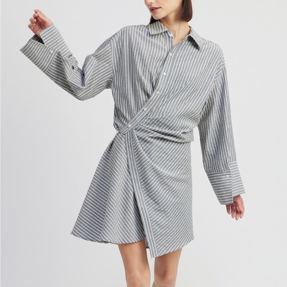 En Saison JJ Stripe Long Sleeve Cotton Blend Mini Shirtdress in Navy - Picture 6 of 7